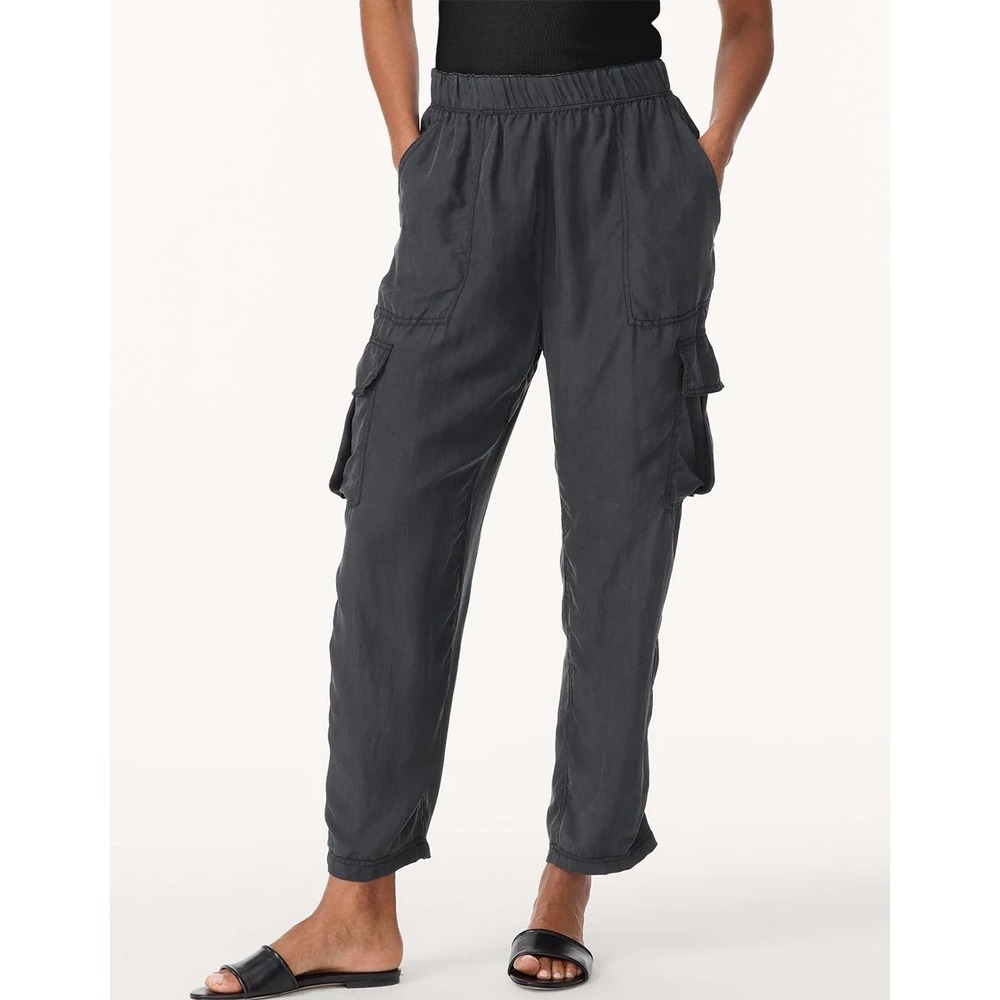 Unsubscribed Navy Blue 100% Silk Cargo Pants Elastic Waist Utility Trousers XS‎